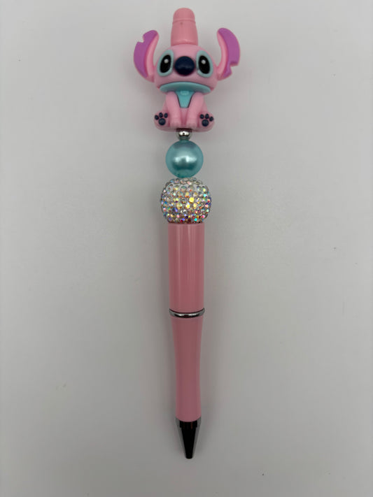 Stitch-Inspired Pink Bling Beaded Pen with Teal Pearl Bead