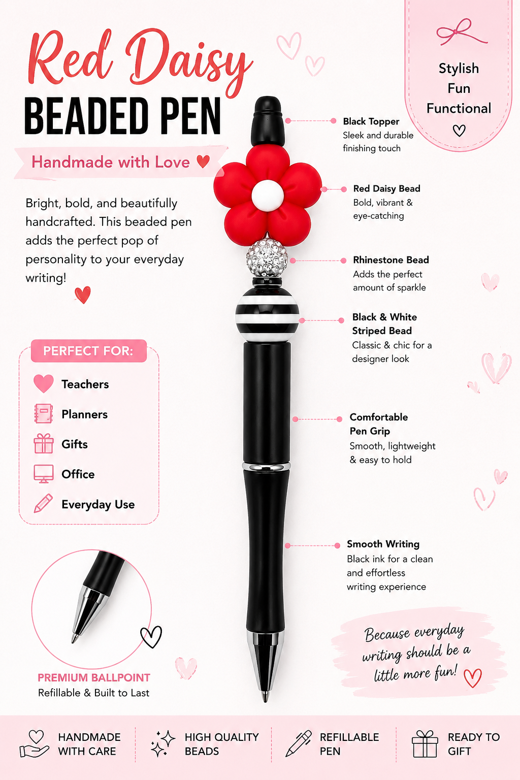 Red Daisy Beaded Pen – Handmade Black & White Striped Ballpoint Pen - Refillable Cute Desk Accessory & Gift
