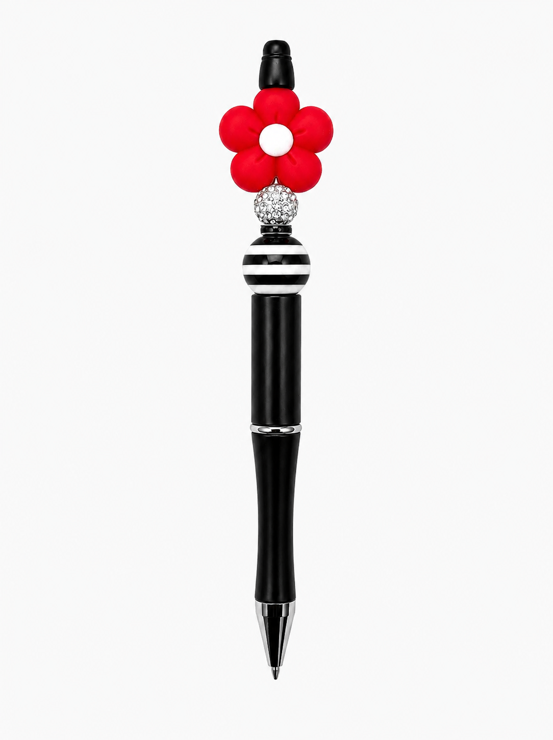 Red Daisy Beaded Pen – Handmade Black & White Striped Ballpoint Pen - Refillable Cute Desk Accessory & Gift