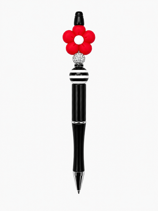 Red Daisy Beaded Pen – Handmade Black & White Striped Ballpoint Pen - Refillable Cute Desk Accessory & Gift