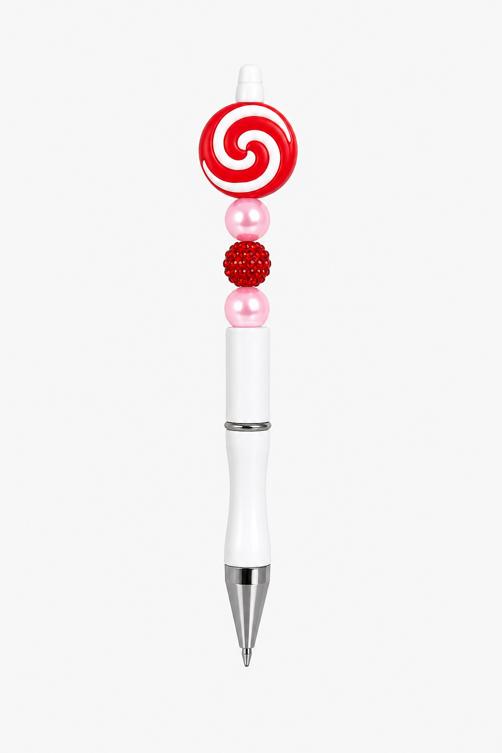 Swirl Lollipop Beaded Pen – Handmade with Pink Pearl & Red Rhinestone Beads