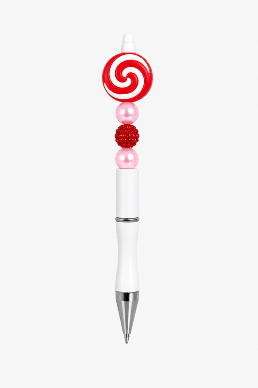 Swirl Lollipop Beaded Pen – Handmade with Pink Pearl & Red Rhinestone Beads