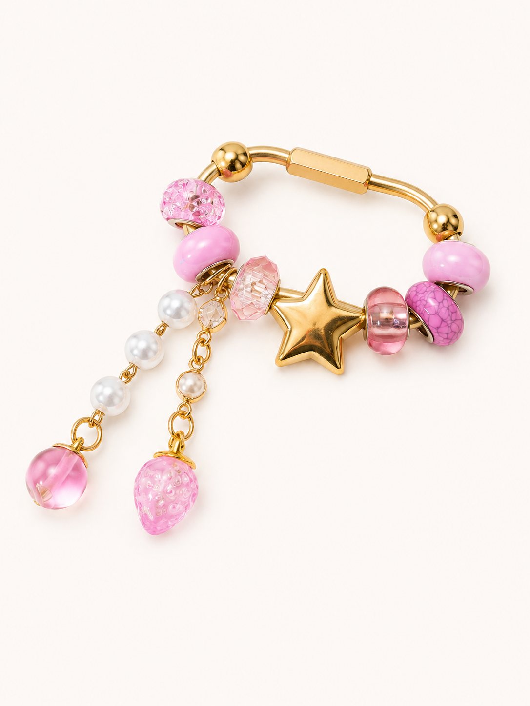 Pink Beaded Star Slider Carabiner Bag Charm - Brass Purse Charm with Glass Dangles - Cute Keychain Accessory