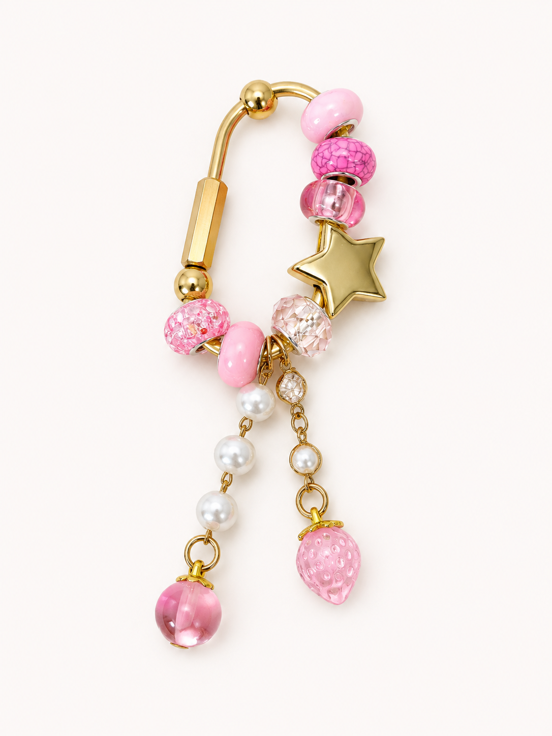 Pink Beaded Star Slider Carabiner Bag Charm - Brass Purse Charm with Glass Dangles - Cute Keychain Accessory
