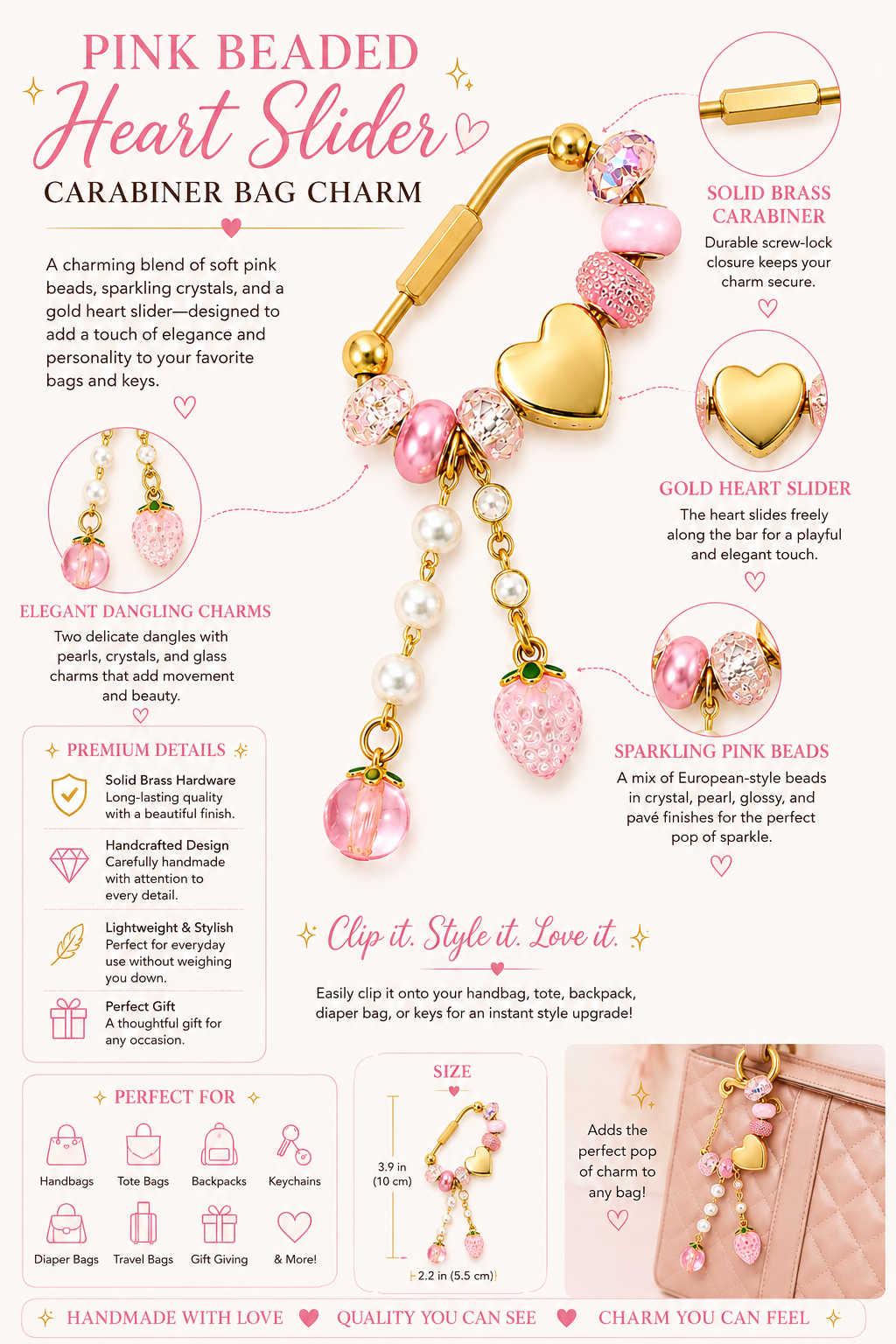 Pink & Gold Carabiner Bag Charm with Gold Heart Slider - Handmade Bag Charm & Keychain Accessory