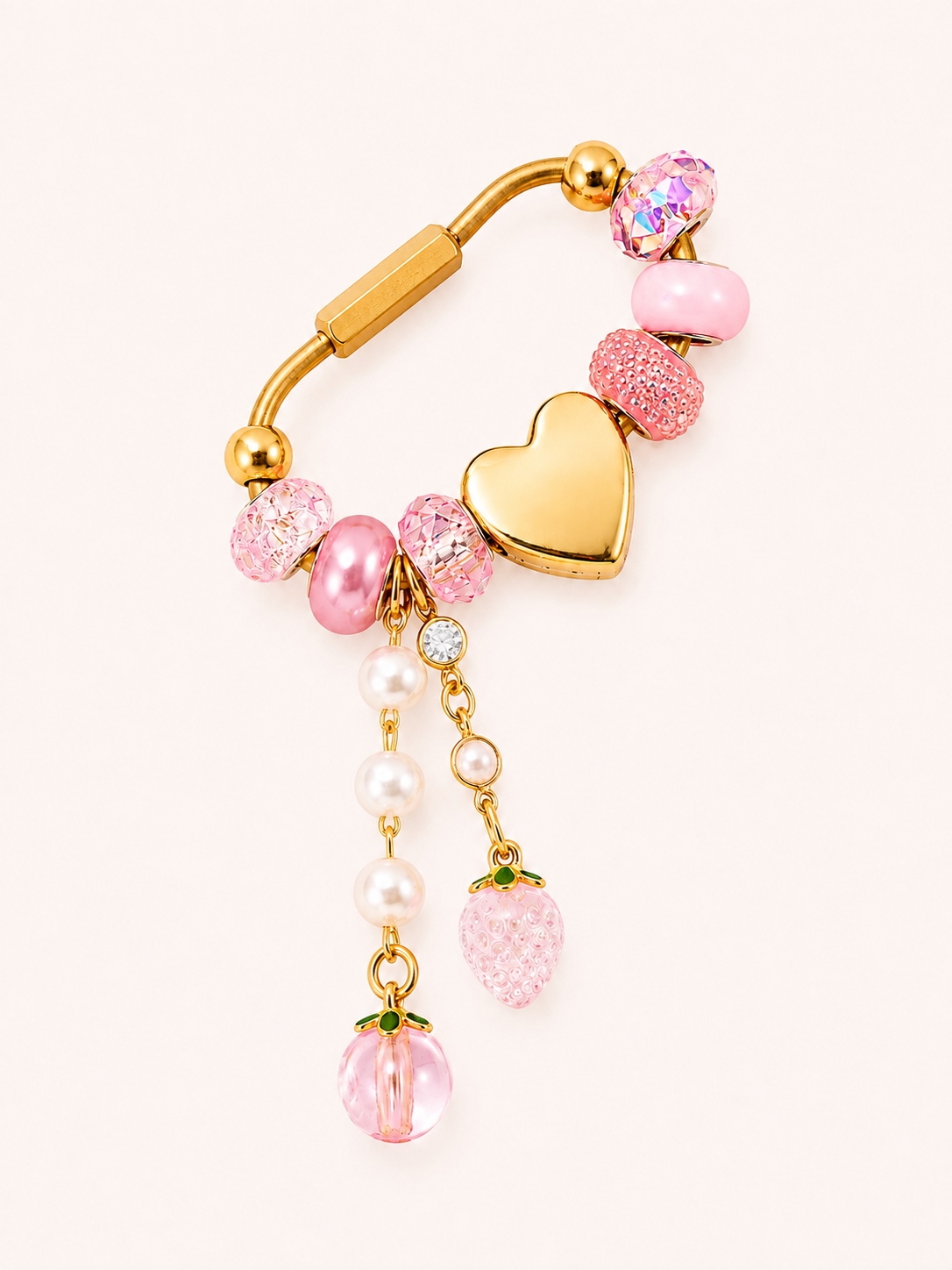 Pink & Gold Carabiner Bag Charm with Gold Heart Slider - Handmade Bag Charm & Keychain Accessory