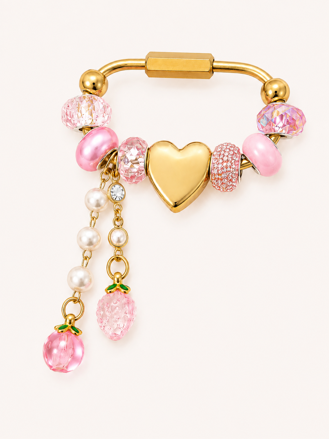 Pink & Gold Carabiner Bag Charm with Gold Heart Slider - Handmade Bag Charm & Keychain Accessory