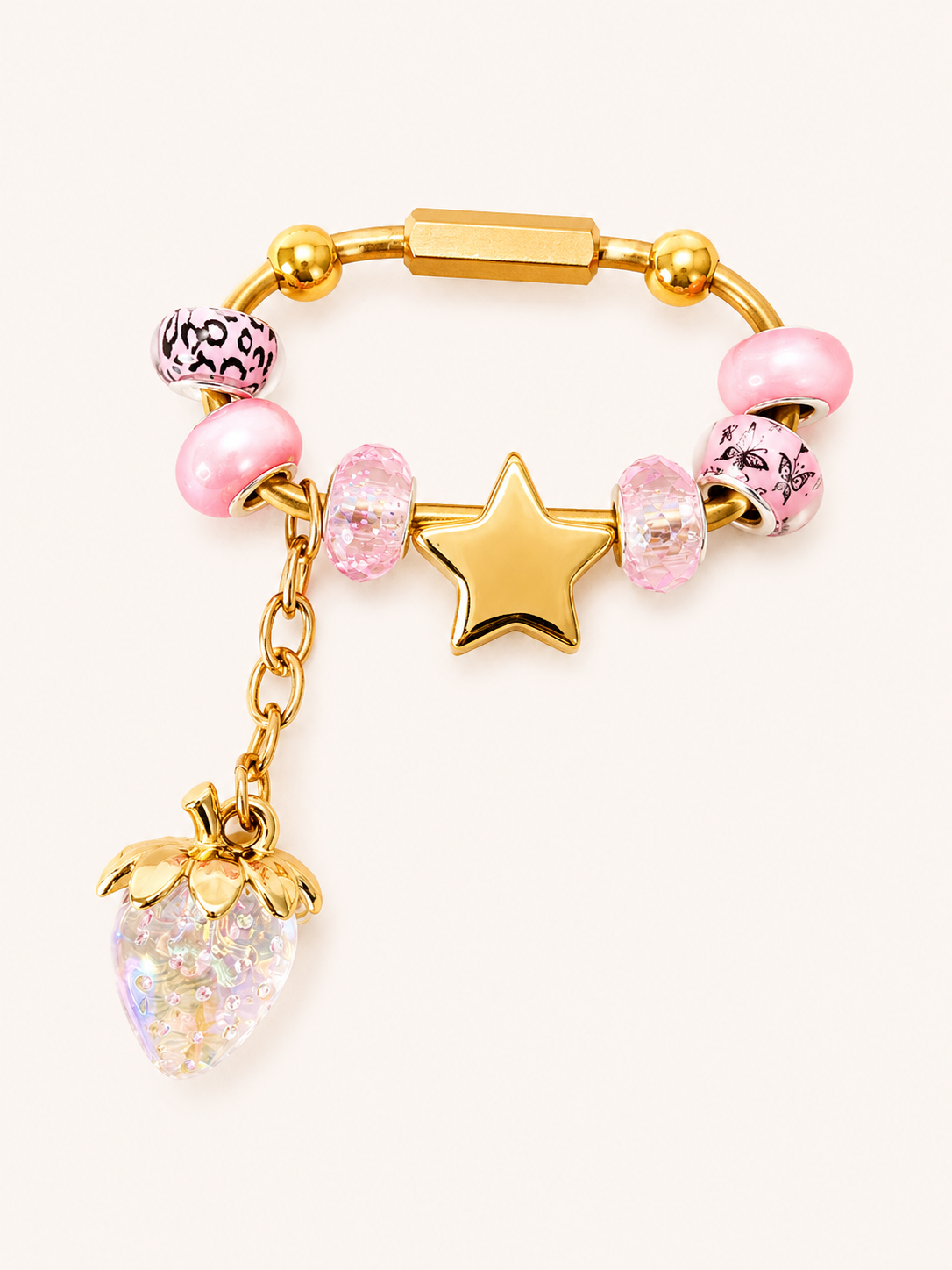 Pink & Gold Carabiner Bag Charm with Gold Star Slider – Handmade Brass Bag Charm with Iridescent Strawberry Dangle