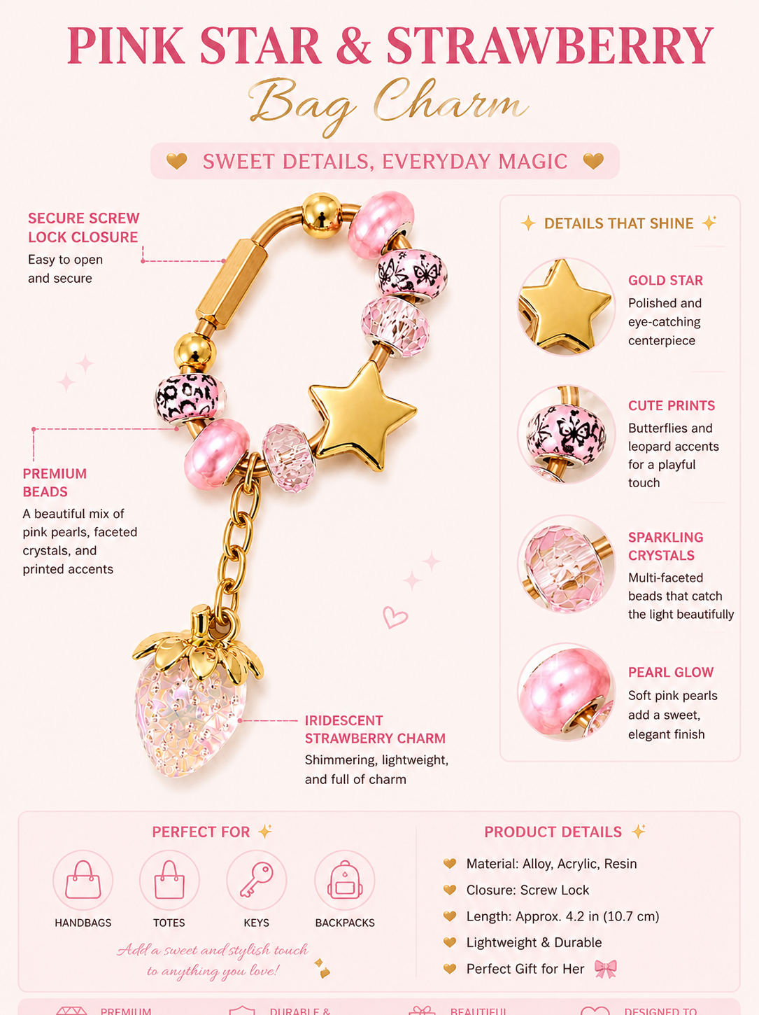 Pink & Gold Carabiner Bag Charm with Gold Star Slider – Handmade Brass Bag Charm with Iridescent Strawberry Dangle