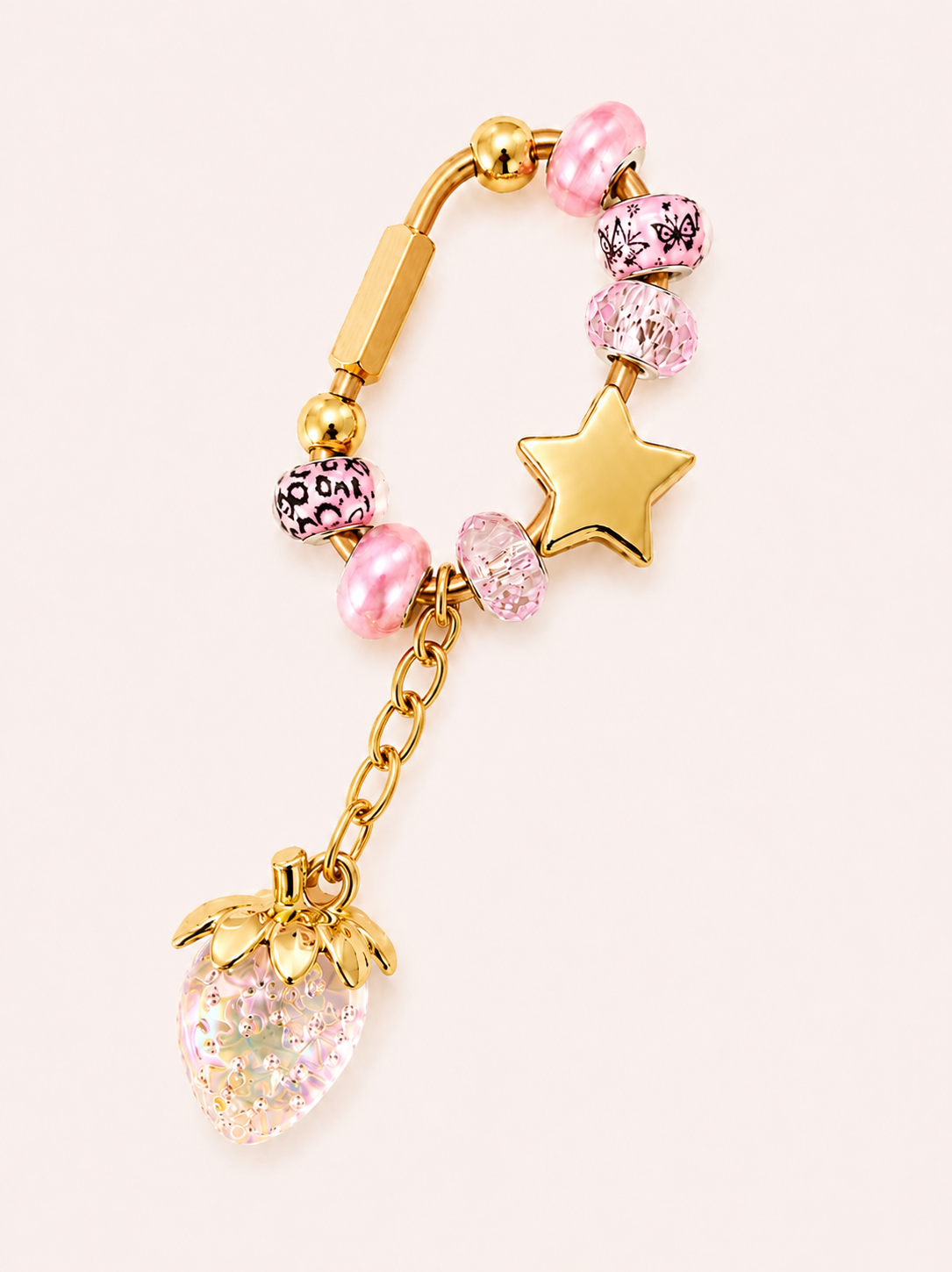 Pink & Gold Carabiner Bag Charm with Gold Star Slider – Handmade Brass Bag Charm with Iridescent Strawberry Dangle
