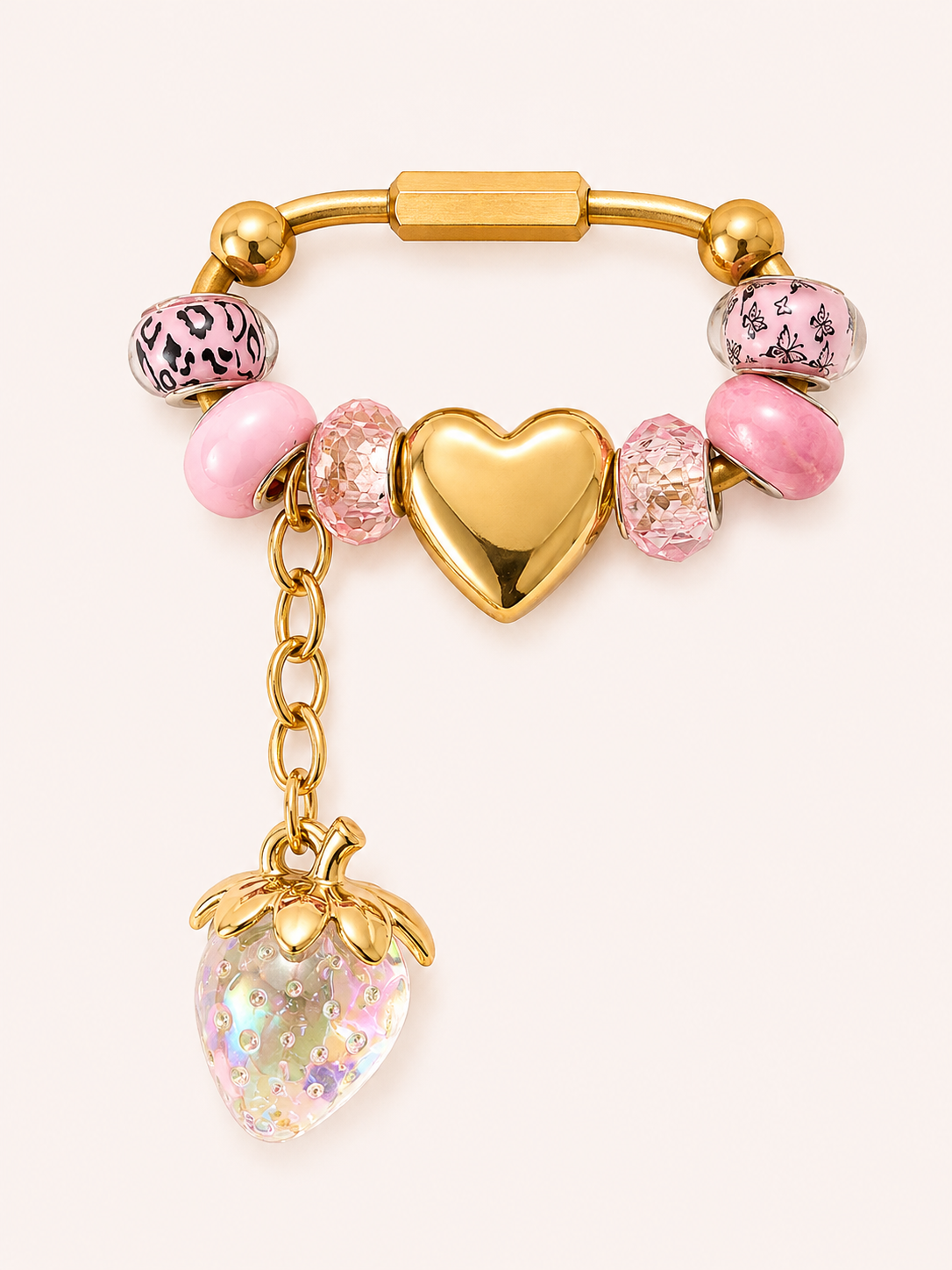 Pink & Gold Carabiner Bag Charm with Gold Heart Slider & Iridescent Strawberry Dangle - Handmade Bag Charm & Keychain