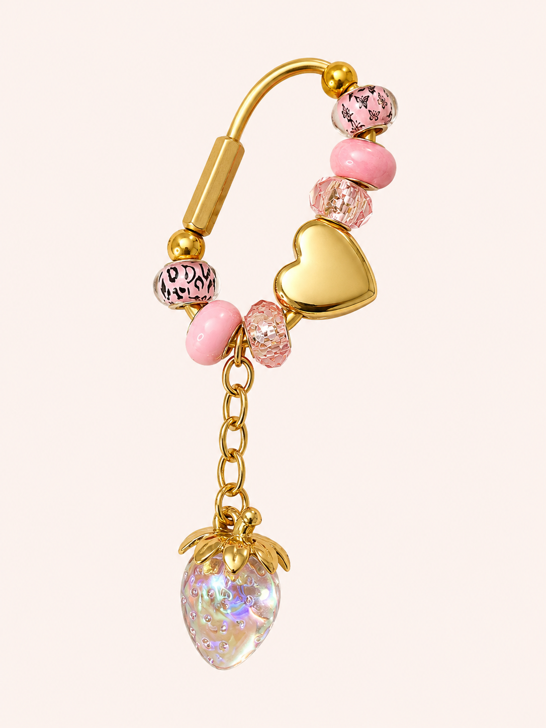 Pink & Gold Carabiner Bag Charm with Gold Heart Slider & Iridescent Strawberry Dangle - Handmade Bag Charm & Keychain
