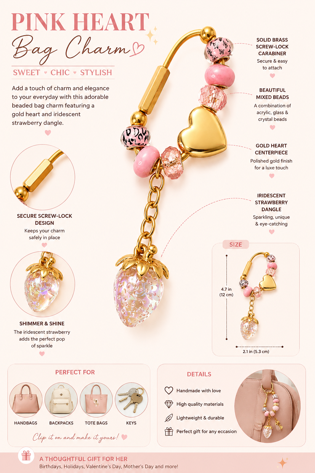 Pink & Gold Carabiner Bag Charm with Gold Heart Slider & Iridescent Strawberry Dangle - Handmade Bag Charm & Keychain