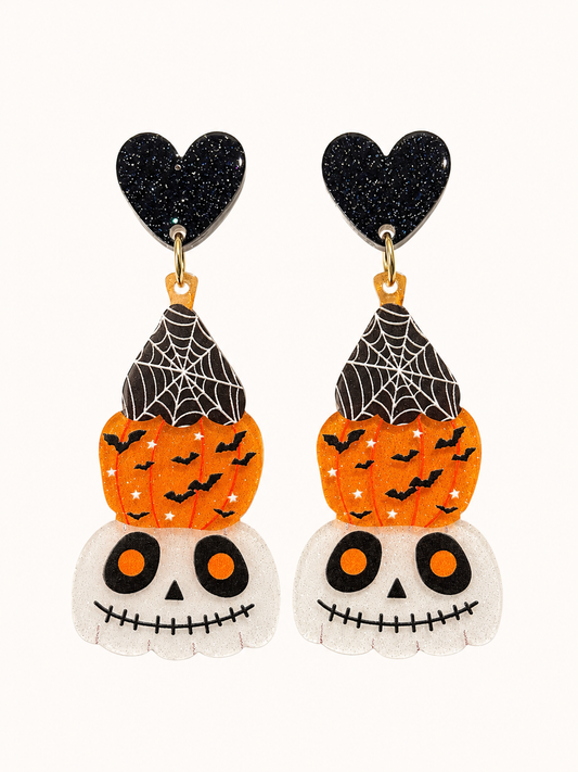 Halloween Skull & Pumpkin Dangle Earrings - Spooky Statement Earrings