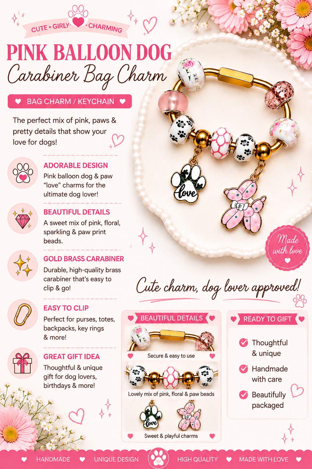 Pink Balloon Dog Brass Carabiner Bag Charm – Beaded Dog Lover Purse Charm & Keychain