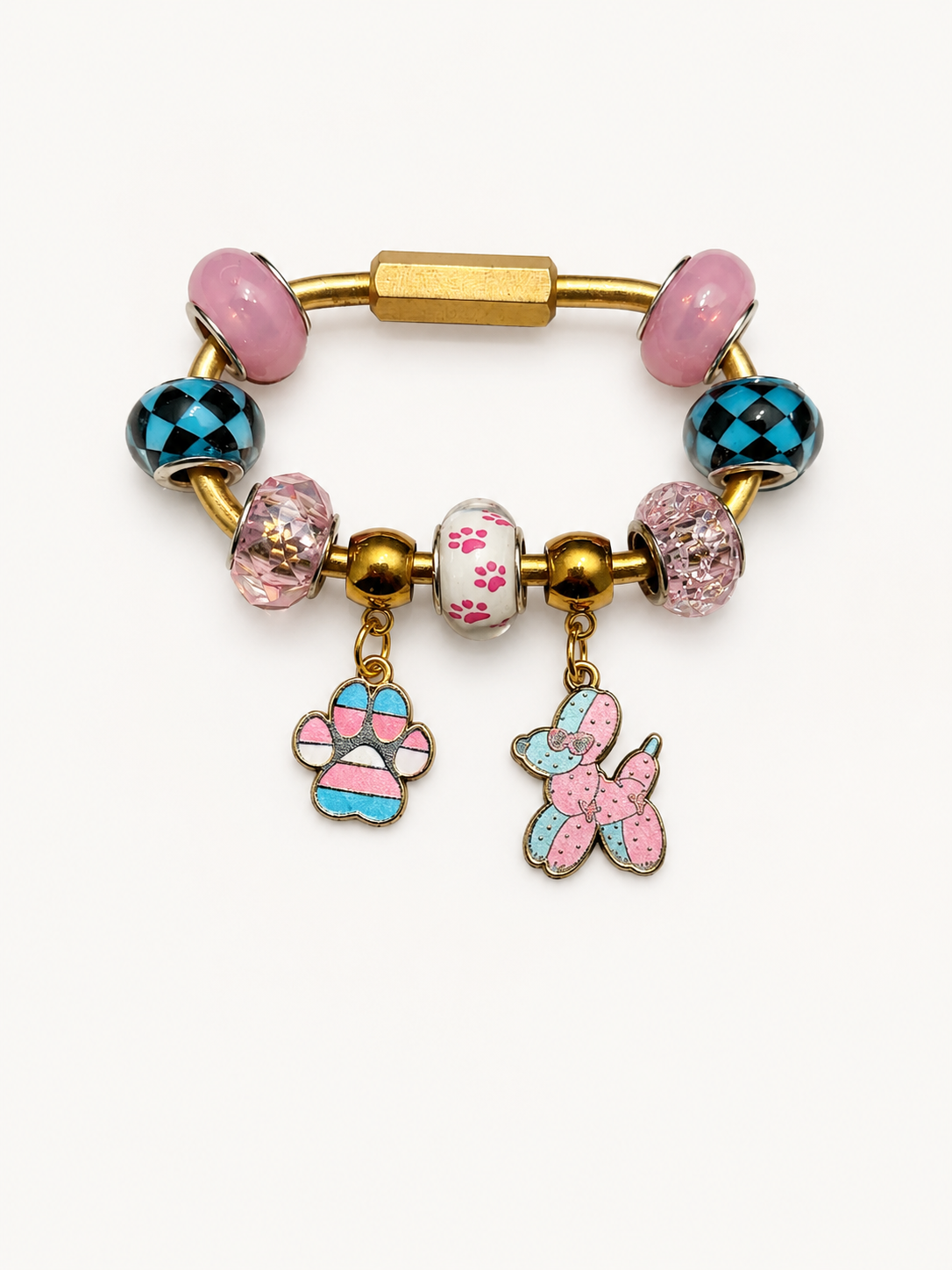 Pink & Blue Paw Print Balloon Dog Gold Brass Carabiner Bag Charm