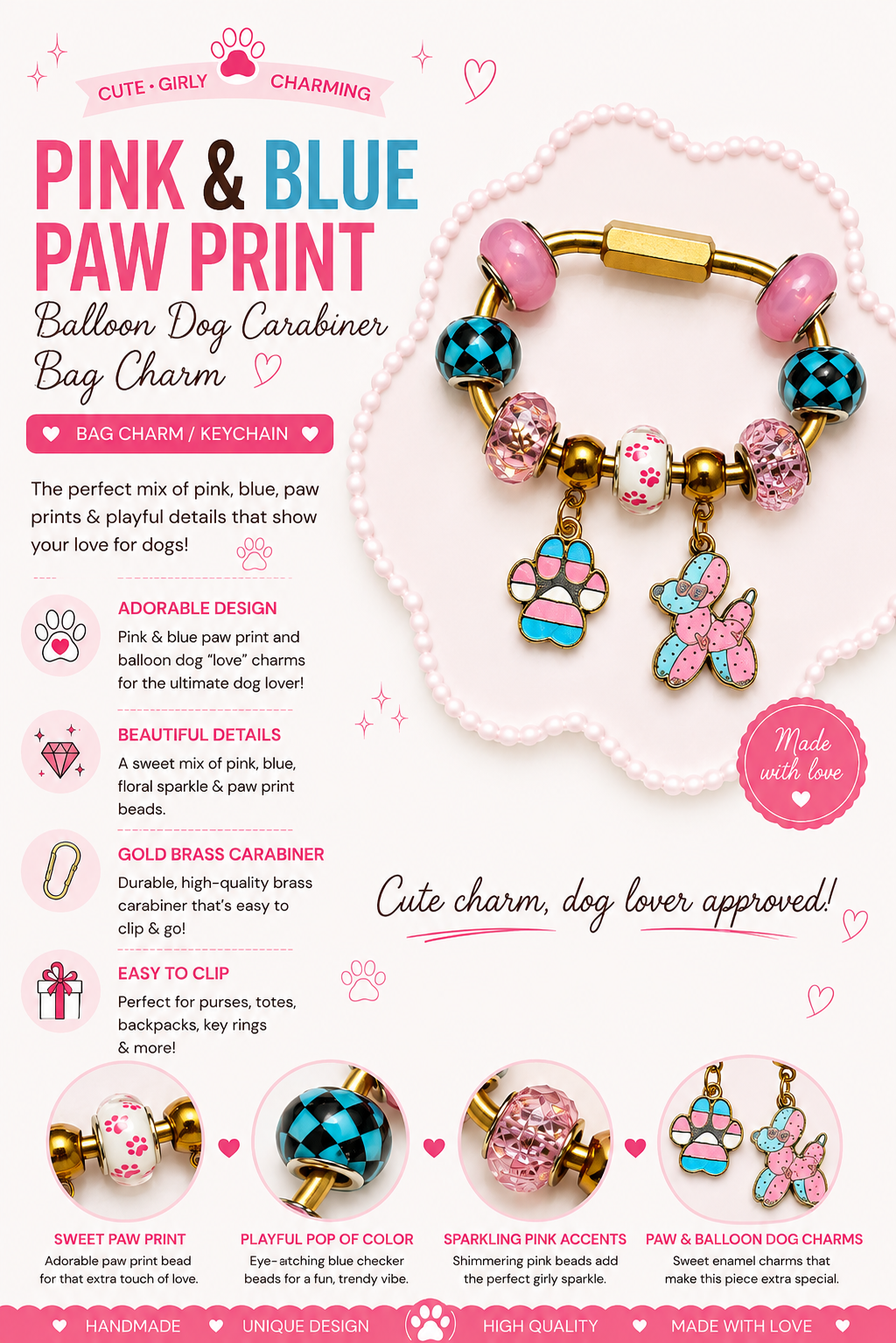 Pink & Blue Paw Print Balloon Dog Gold Brass Carabiner Bag Charm