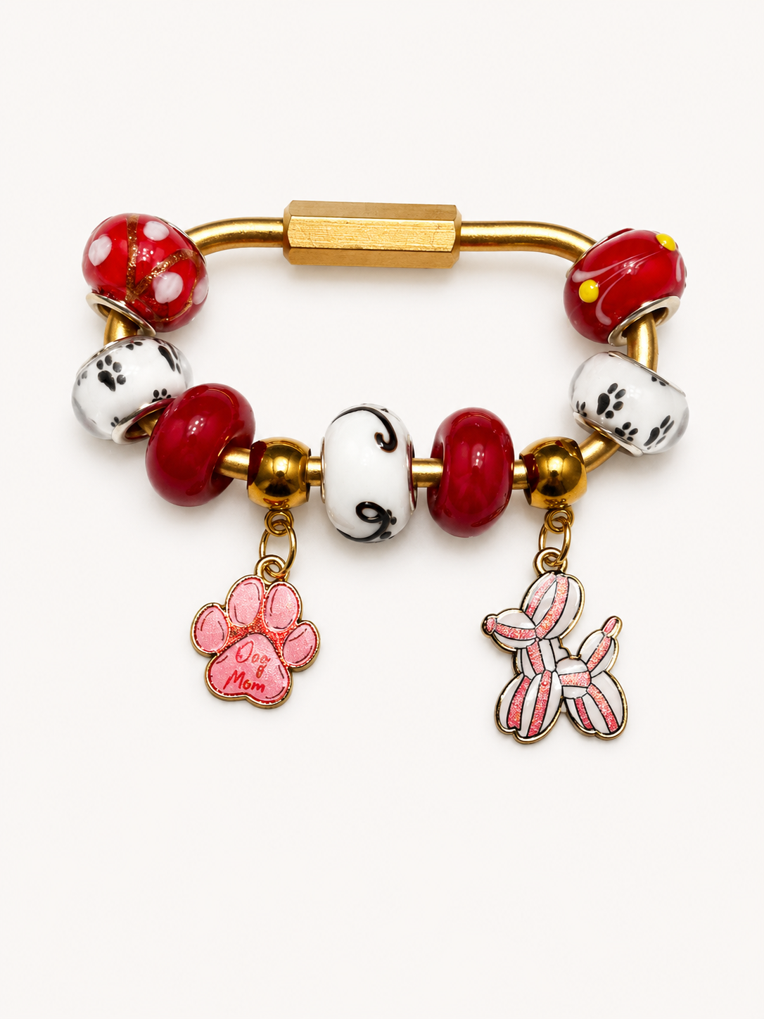Red & White Balloon Dog Mom Gold Brass Carabiner Bag Charm