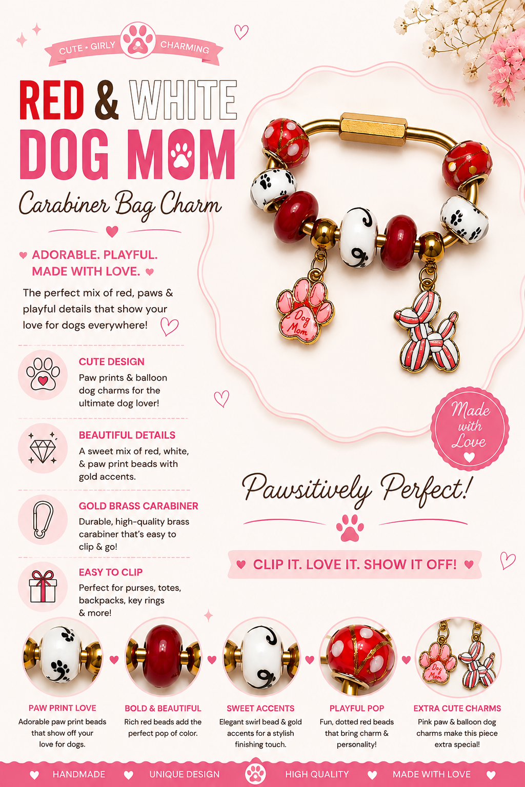 Red & White Balloon Dog Mom Gold Brass Carabiner Bag Charm