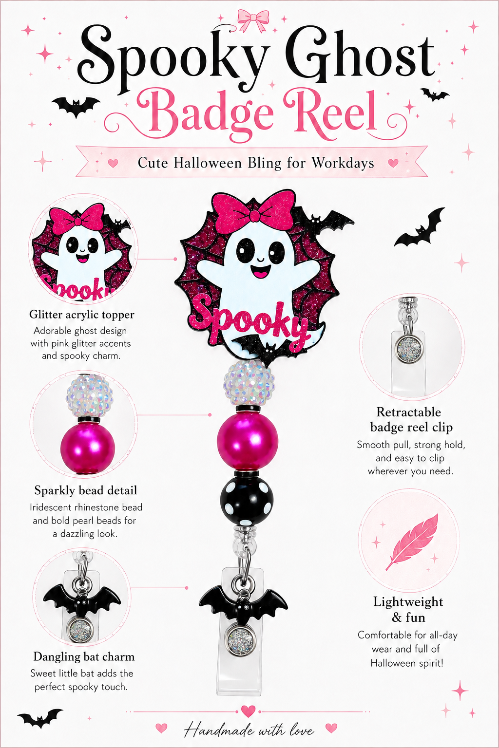 Spooky Ghost Halloween Badge Reel – Pink & Black Beaded ID Holder with Bat Charm