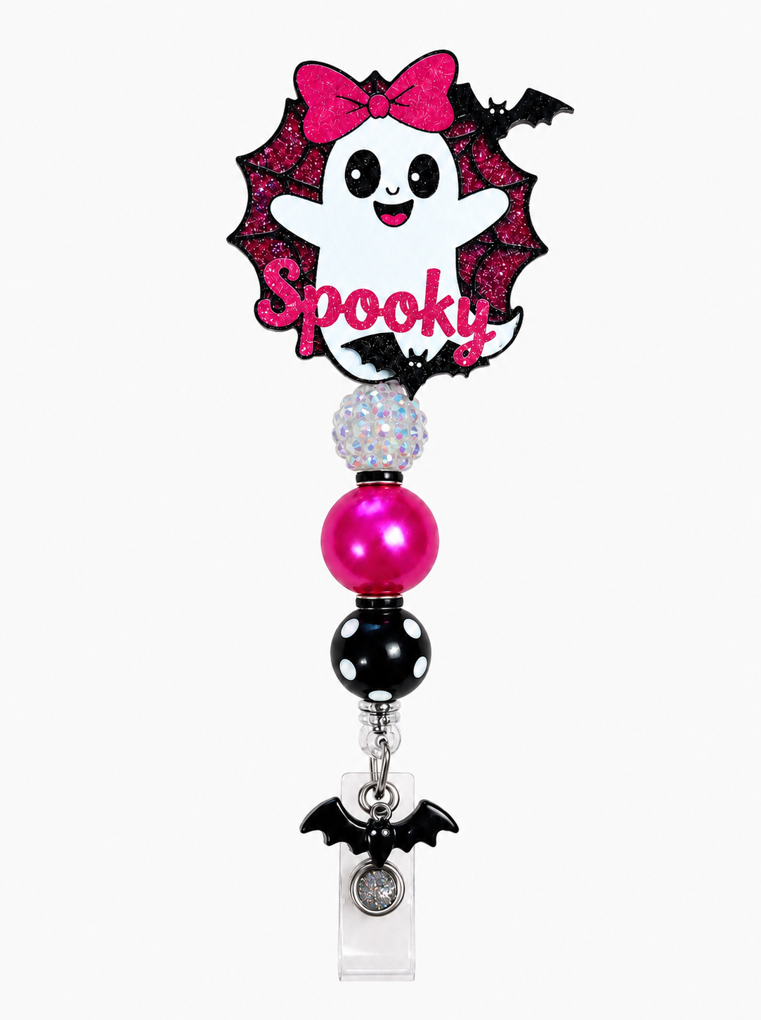 Spooky Ghost Halloween Badge Reel – Pink & Black Beaded ID Holder with Bat Charm