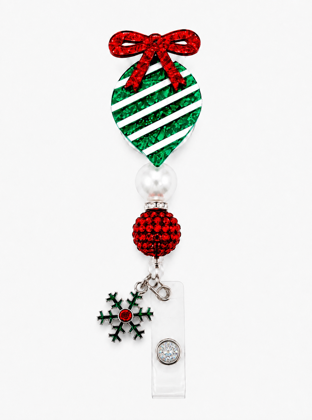 Christmas Ornament Badge Reel with Snowflake Charm - Handmade Beaded Retractable ID Badge Holder