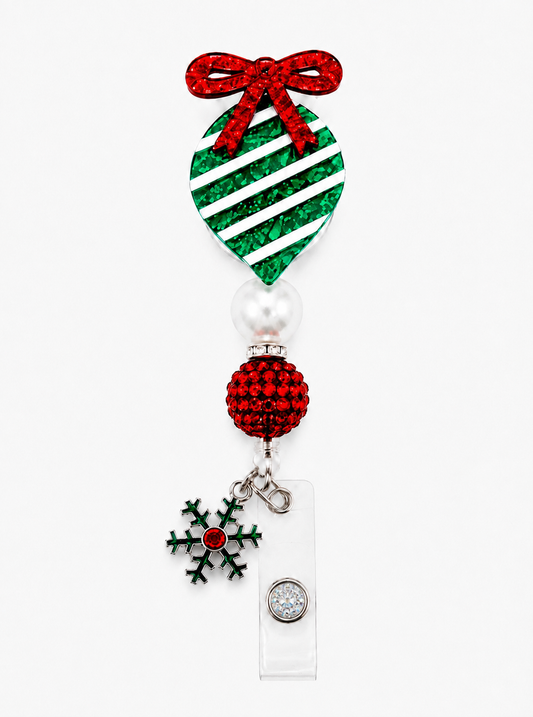 Christmas Ornament Badge Reel with Snowflake Charm - Handmade Beaded Retractable ID Badge Holder