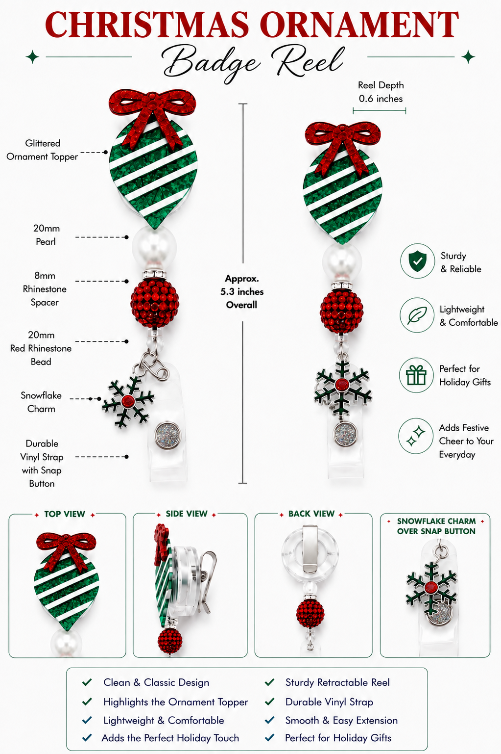 Christmas Ornament Badge Reel with Snowflake Charm - Handmade Beaded Retractable ID Badge Holder