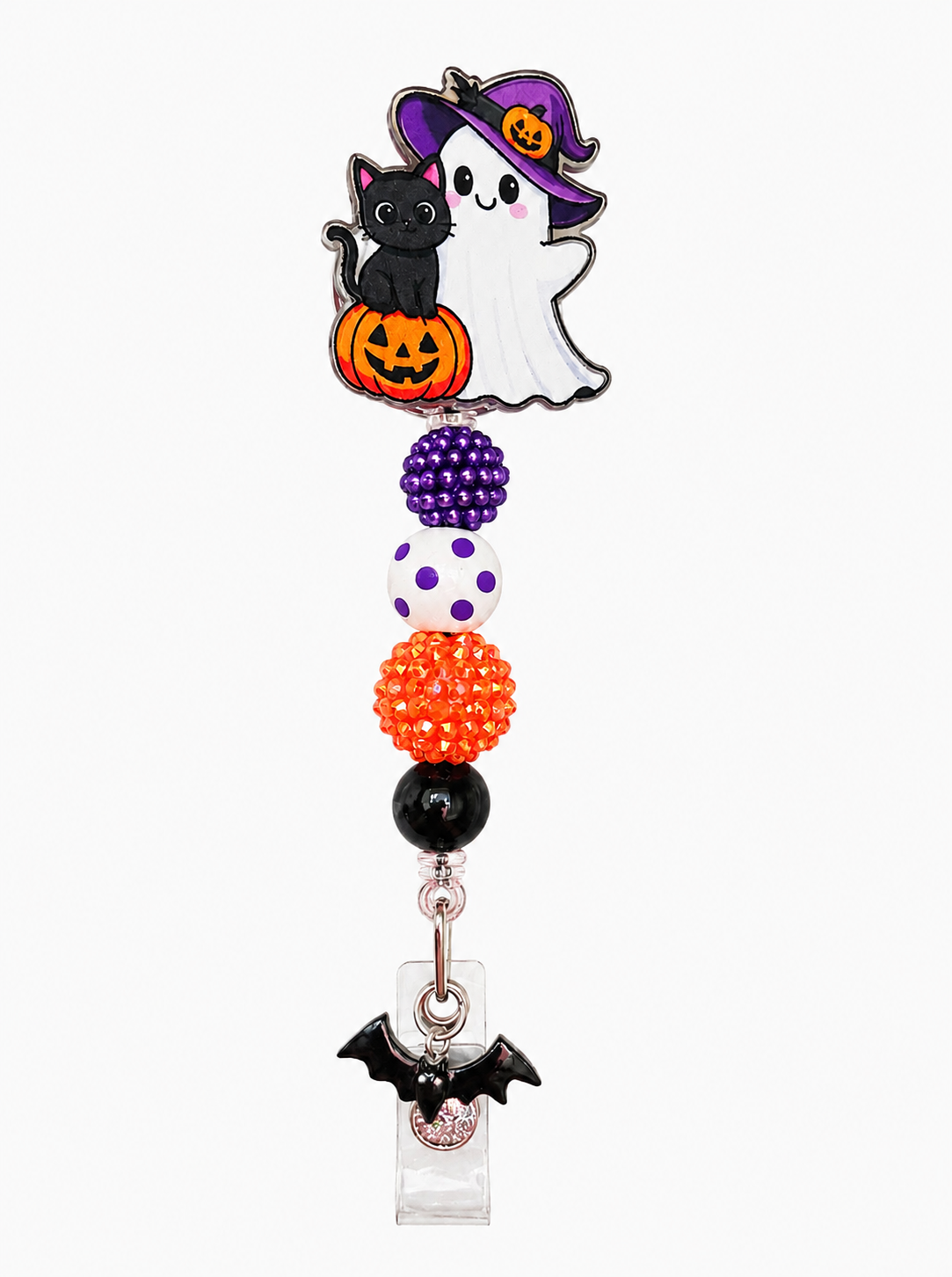 Ghost & Cat Halloween Badge Reel – Purple, Orange & Polka Dot Beaded ID Holder with Bat Charm