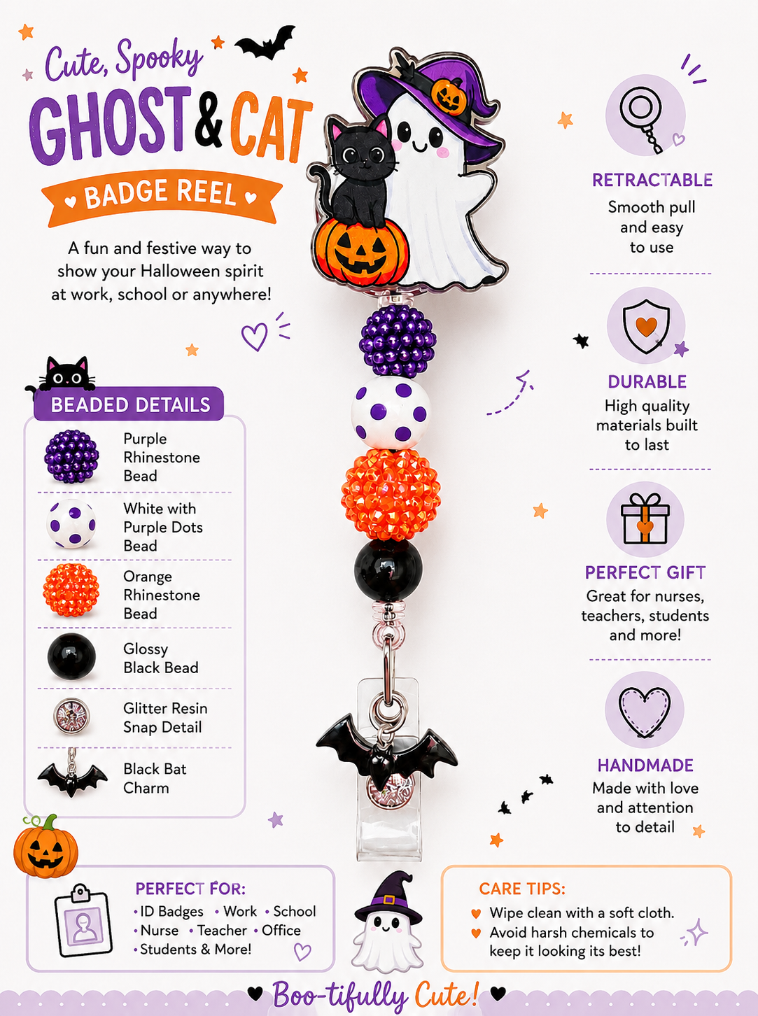 Ghost & Cat Halloween Badge Reel – Purple, Orange & Polka Dot Beaded ID Holder with Bat Charm