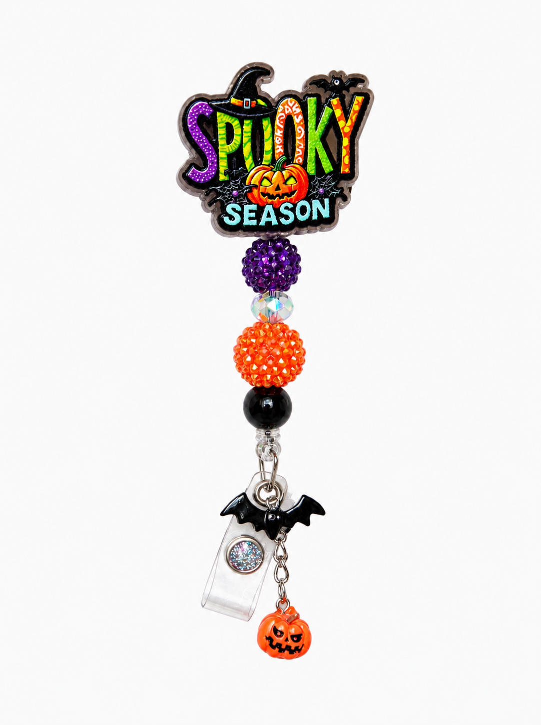 Spooky Season Halloween Badge Reel – Purple & Orange Beaded ID Holder with Bat and Pumpkin Charms