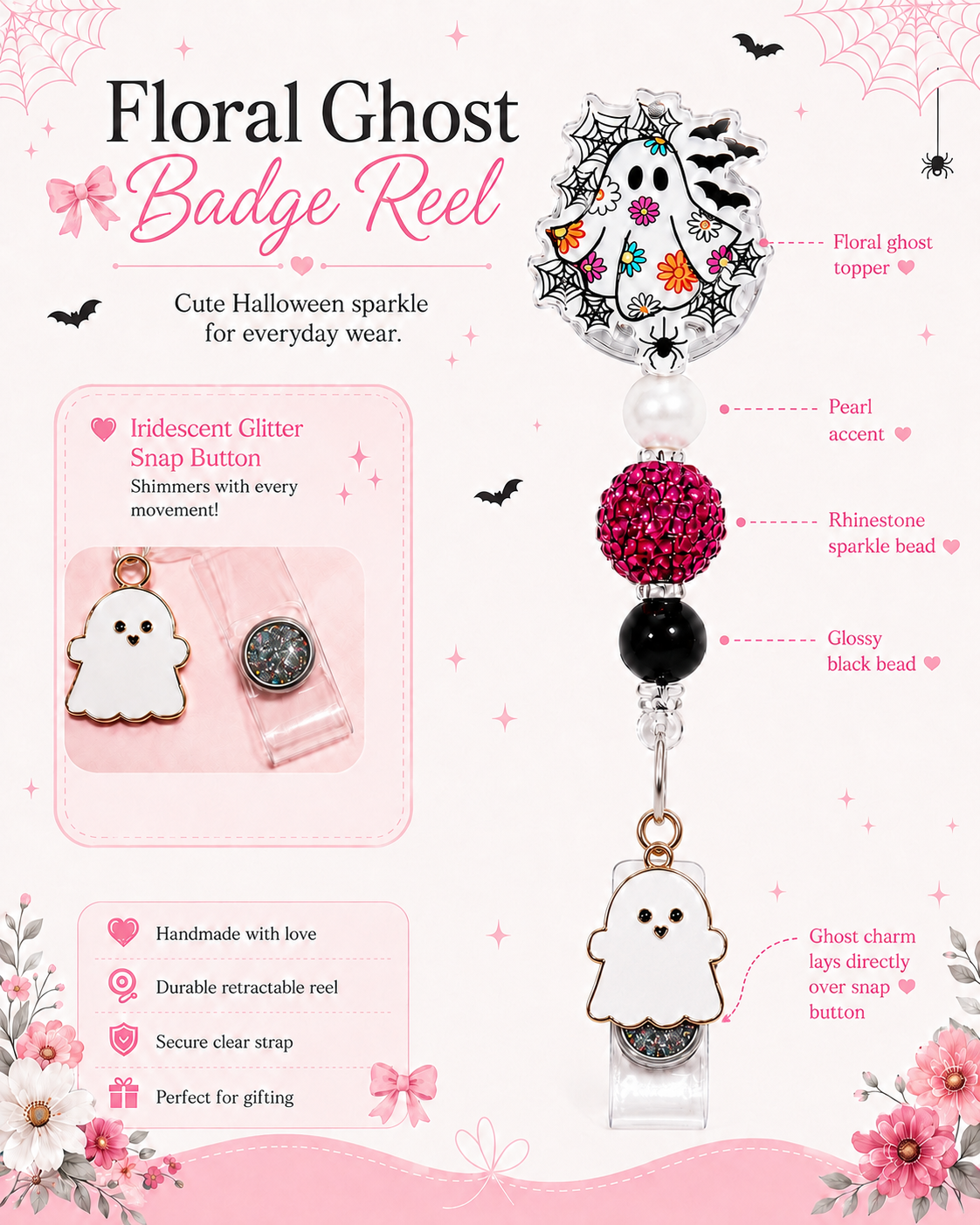 Floral Ghost Halloween Badge Reel with Pink Rhinestone Bead & Ghost Charm
