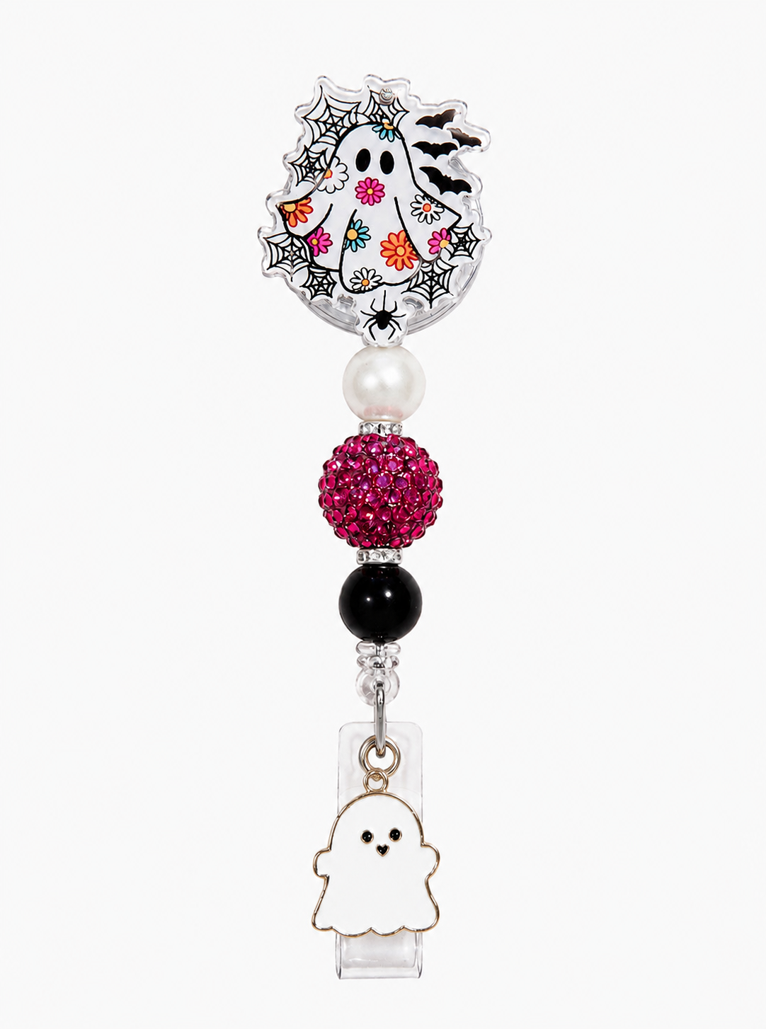 Floral Ghost Halloween Badge Reel with Pink Rhinestone Bead & Ghost Charm