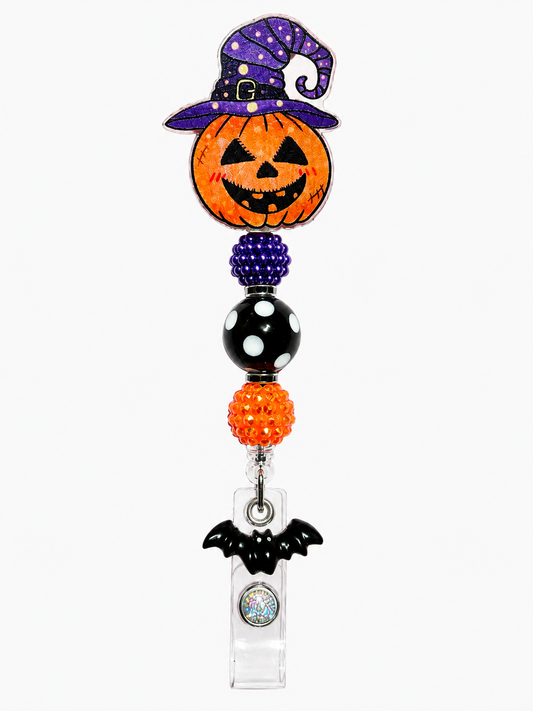 Witch Pumpkin Halloween Badge Reel - Purple Orange Beaded ID Holder