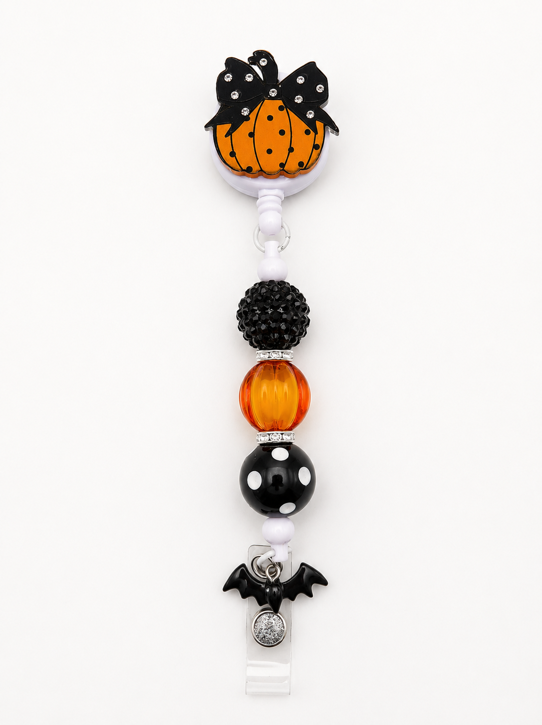 Pumpkin Bow Halloween Badge Reel with Black Bat Charm