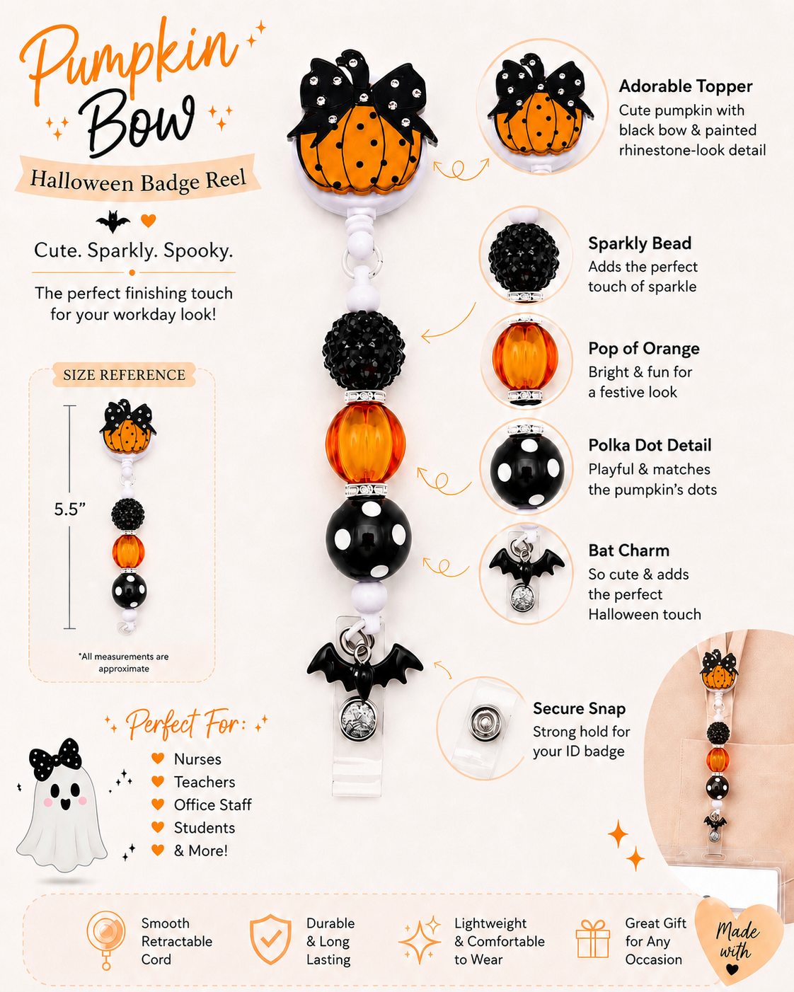 Pumpkin Bow Halloween Badge Reel with Black Bat Charm