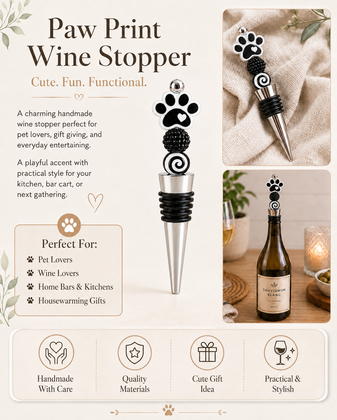 Black & White Paw Print Handmade Wine Bottle Stopper – Pet Lover Gift