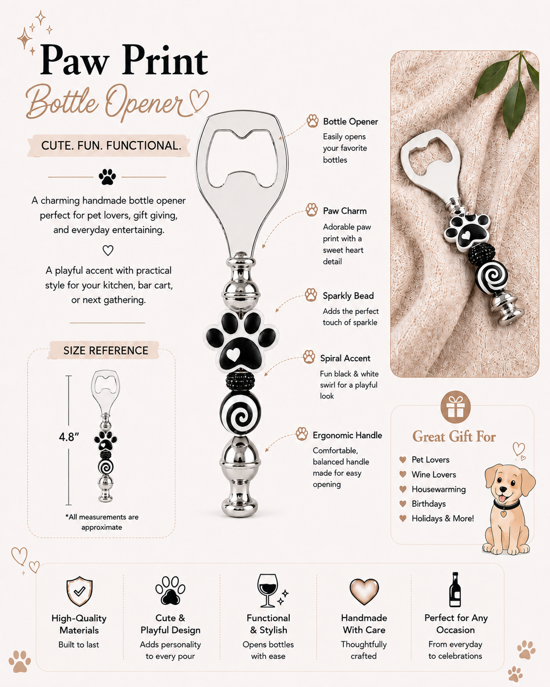 Black Paw Print Handmade Bottle Opener – Pet Lover Bar Gift
