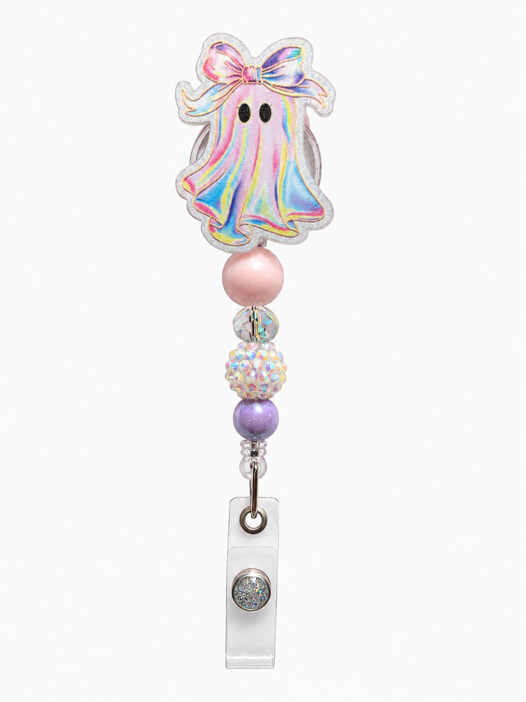 Pastel Iridescent Ghost Beaded Badge Reel with Bow