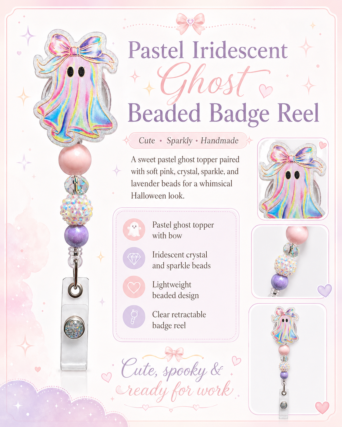 Pastel Iridescent Ghost Beaded Badge Reel with Bow