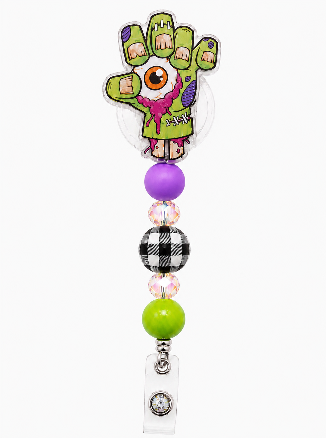 Zombie Hand Beaded Badge Reel with Checkered Wood Bead