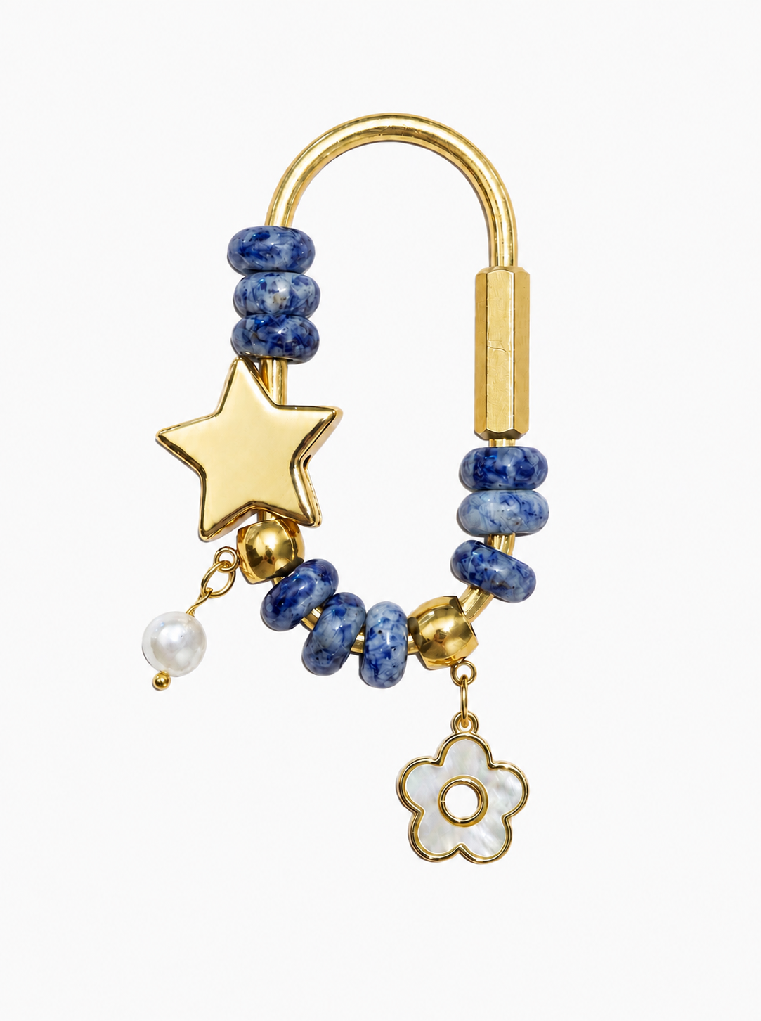 Sodalite Star Carabiner Bag Charm - Gold Beaded Purse Charm with Pearl & Mother of Pearl Flower