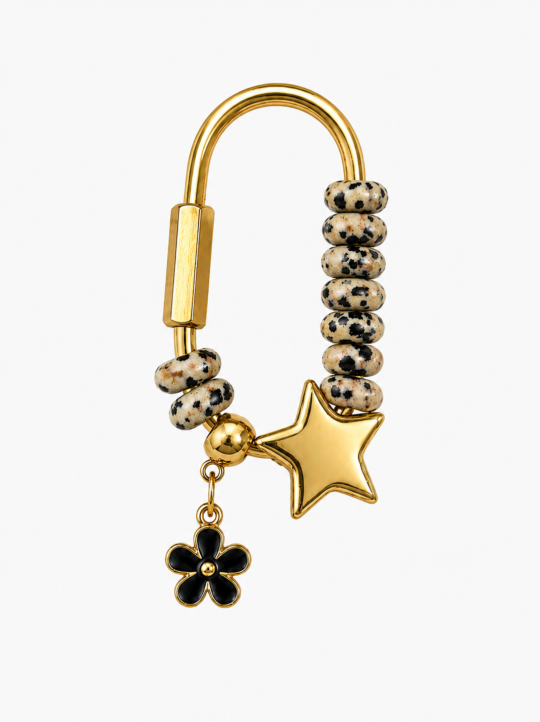 Gold Star Carabiner Bag Charm with Dalmatian Jasper Beads & Black Flower