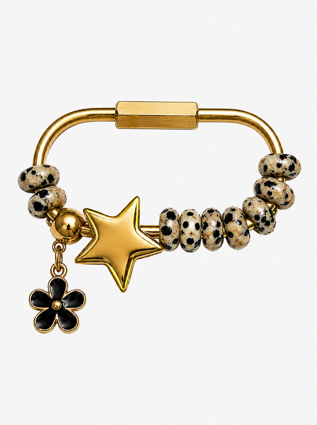 Gold Star Carabiner Bag Charm with Dalmatian Jasper Beads & Black Flower