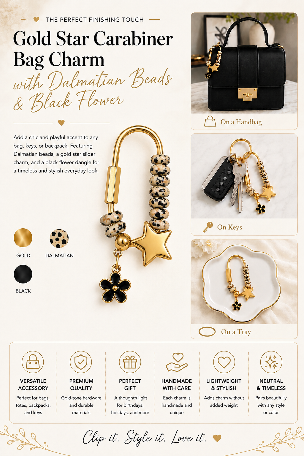 Gold Star Carabiner Bag Charm with Dalmatian Jasper Beads & Black Flower