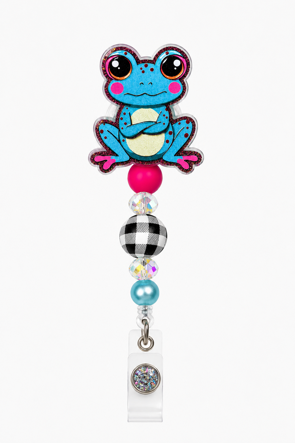 Blue Frog Beaded Badge Reel with Pink, AB Crystal & Checkered Beads