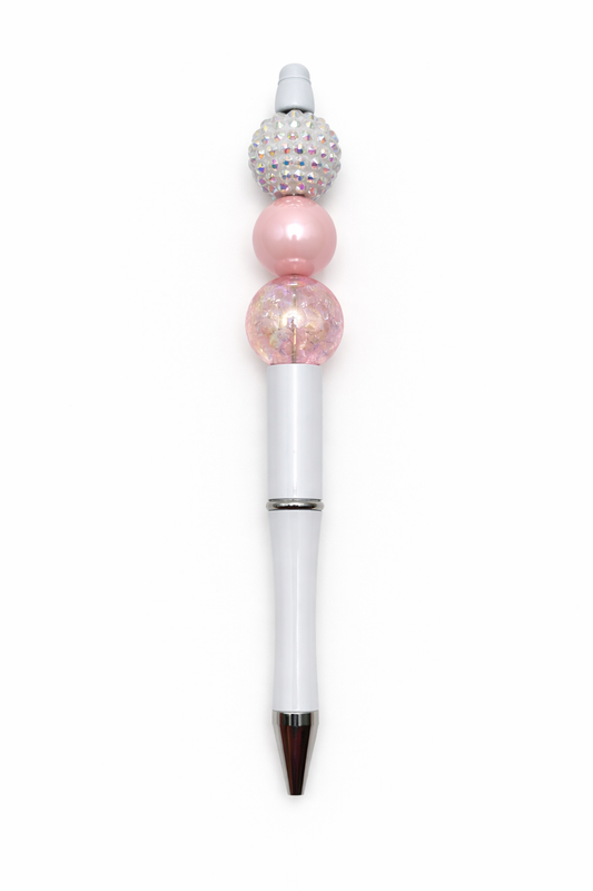 Pink Sparkle Beaded Pen - Cute White Barrel Decorative Writing Pen