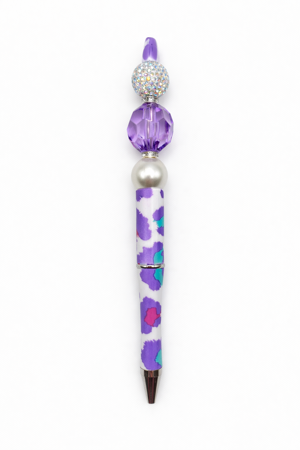 Purple Pop Cow Print Beaded Pen - Glam Rhinestone & Pearl Statement Pen