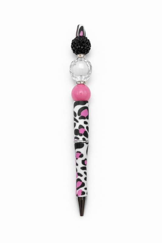 Pink Leopard Print Beaded Pen - Glam Black Rhinestone Crystal Statement Pen