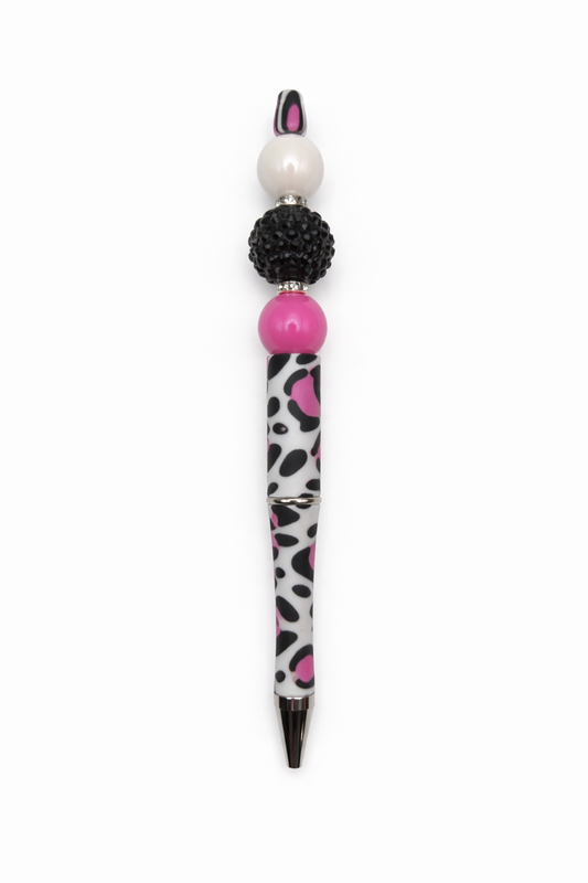 Pink Leopard Glam Beaded Pen - Black Rhinestone & Pearl Handmade Ink Pen